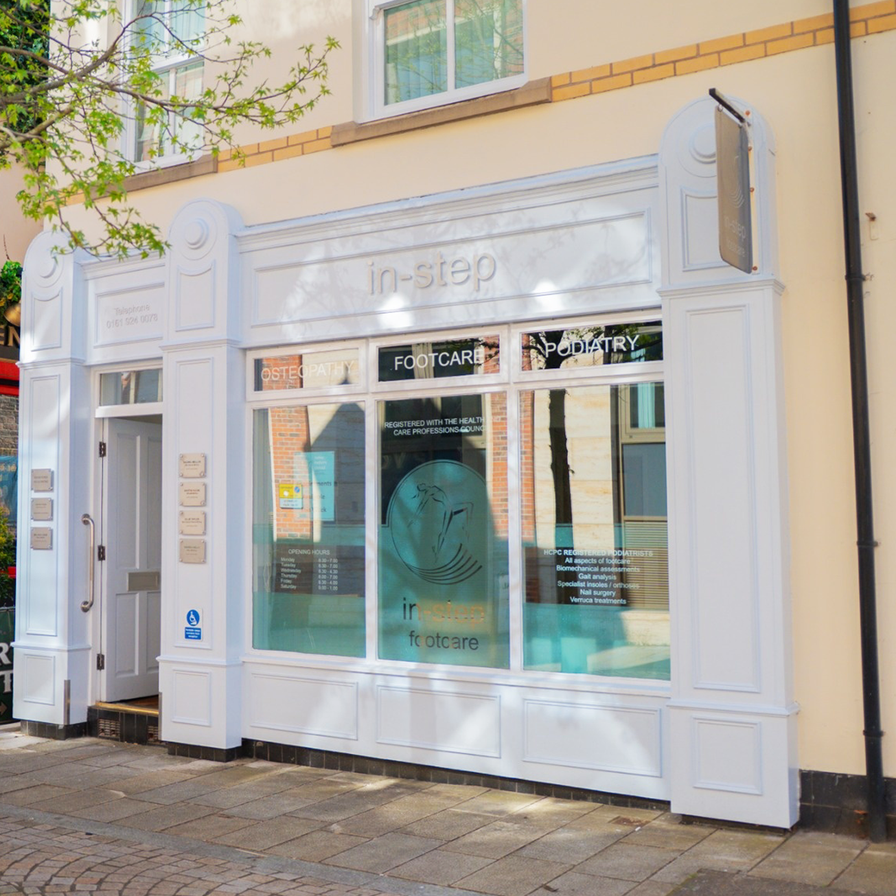 Instep Footcare clinic shopfront on Greenwood Street, Altrincham