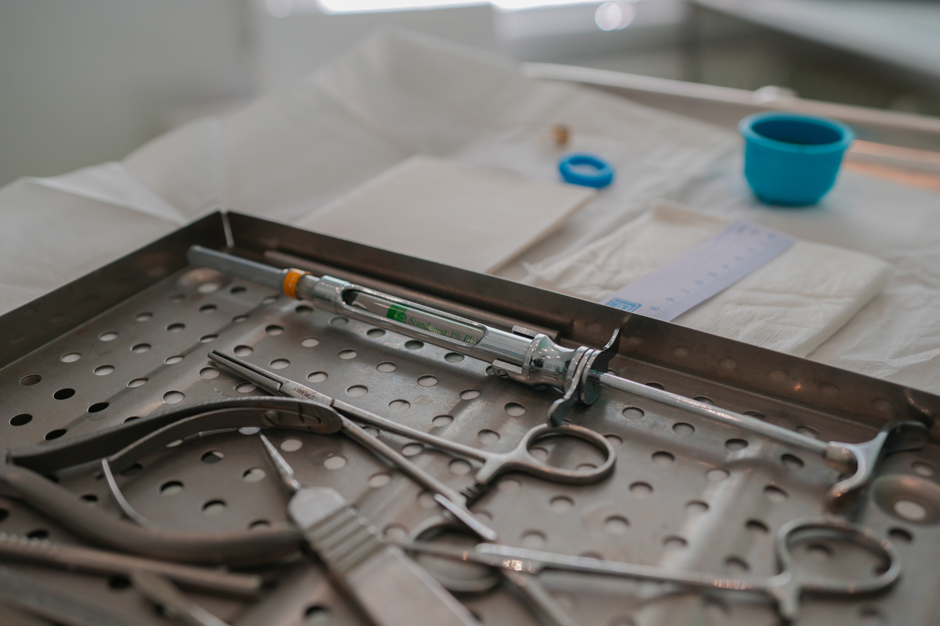 Sterile surgical instrument tray prepared for ingrowing toenail surgery at Instep Footcare