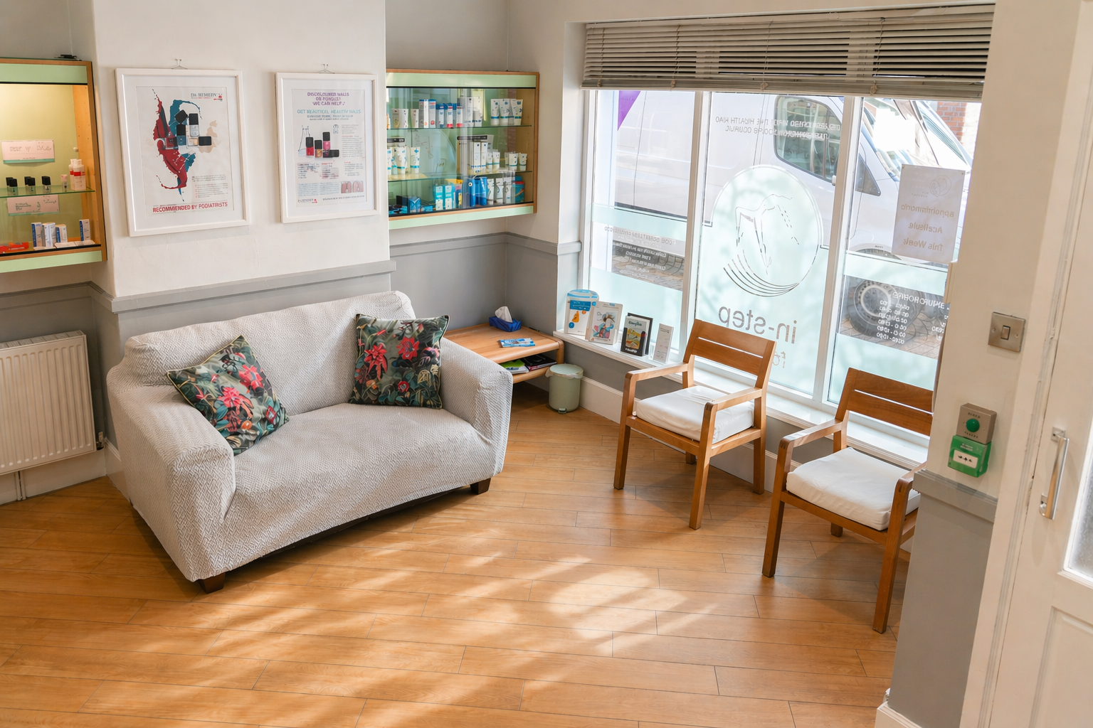 Bright waiting area at Instep Footcare with sofa and natural light